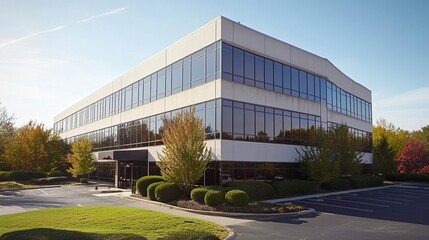 Obraz premium Modern cube-shaped office building sleek and simple architecture suburban MD location ample parking quiet corporate environment. 