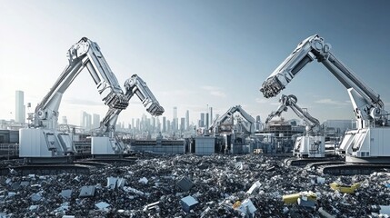 Futuristic robotic machines working in a city's recycling zone.  Advanced recycling machinery handles massive waste piles