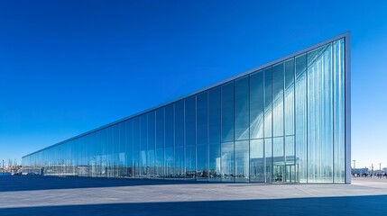 Modern glass architecture low view geometric lines bright sunlight sharp facade against vivid blue sky crisp urban setting.  