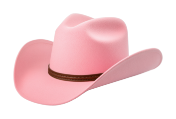 Pink cowboy hat with brown band, cut out - stock png.