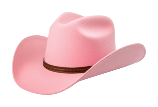 Pink cowboy hat with brown band, cut out - stock png.