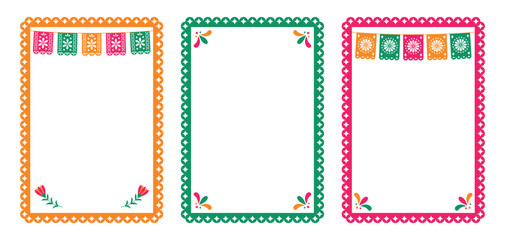 Set of vector frames with festive garlands, flowers and decorations. Mexican fiesta, Cinco de Mayo - festive frame, social media story. Design element for banner, poster.