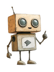 Cheerful boxy robot giving thumbs up gesture with antenna and big eyes, cut out - stock png.