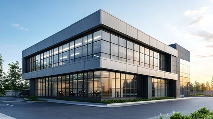 Fototapeta premium Modern office building exterior in an industrial zone simple architecture metal and glass elements clean and professional vibe. 