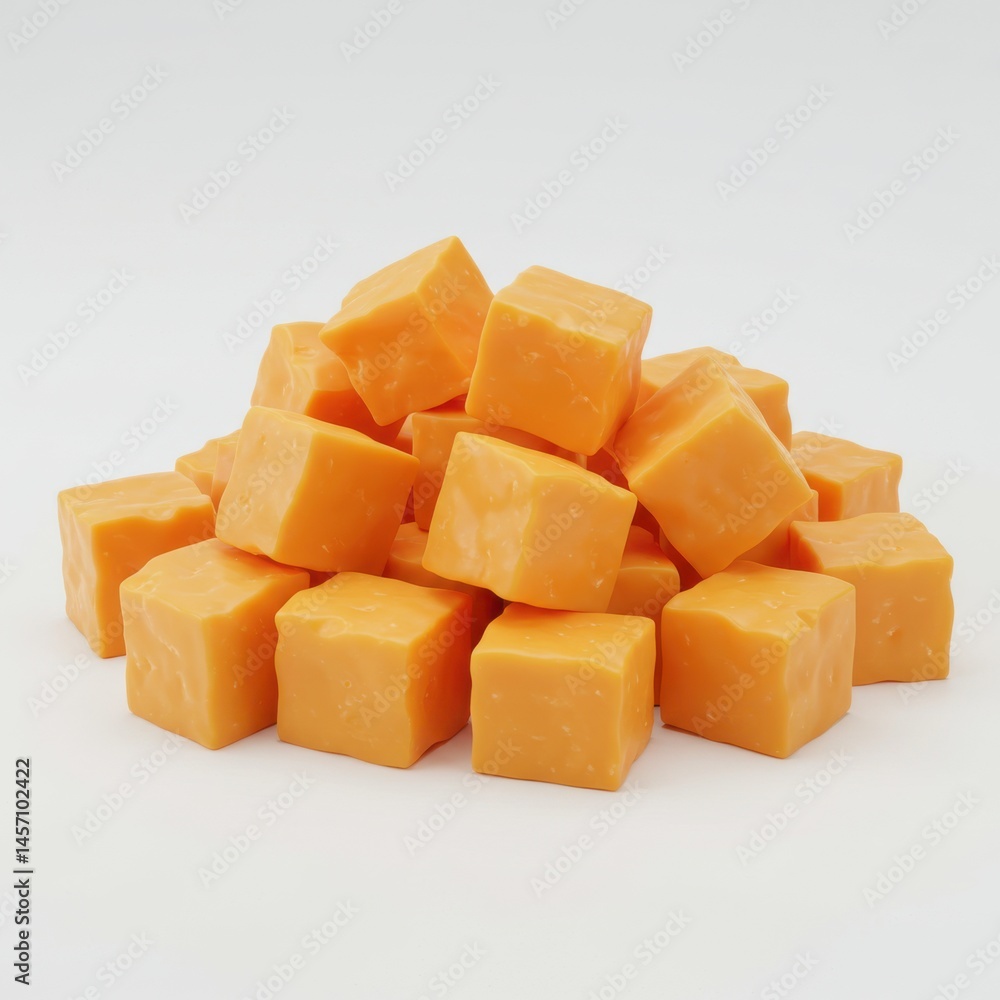 Aufkleber a pile of cheddar cheese cubes stacked on a white surface in a studio setting close up view