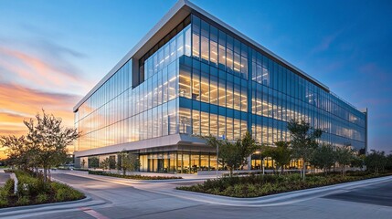 Modern office building exterior smooth reflective surfaces sharp angles professional urban corporate aesthetic.  