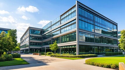 Obraz premium Modern office building exterior with rows of closed windows symmetrical layout sharp lines minimalist corporate vibe. 