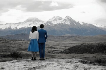 Obraz premium A couple in blue attire stands on a rock, admiring a majestic snow-capped mountain range.