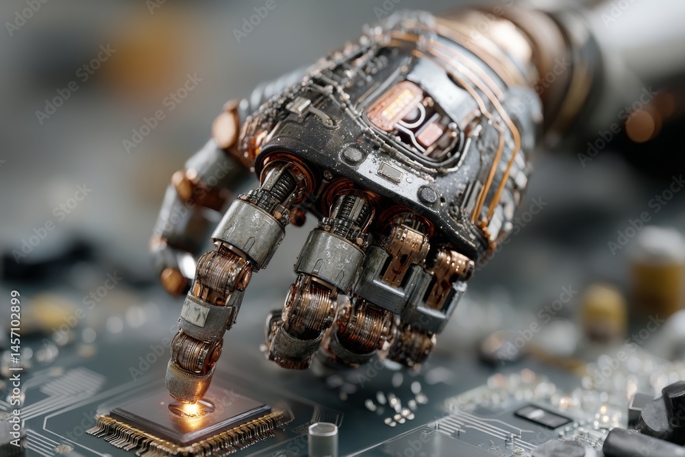 Poster robotic arm interacting with computer microchip on circuit board, future technology integrating arti