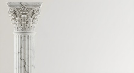 Close-up of an intricately carved marble column against a minimalist white background. Classic architecture detail.