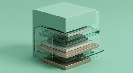 Abstract 3D render of layered geometric shapes in mint and gold tones.
