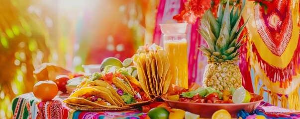 Festive table with tacos, tropical fruits and orange juice under warm sunlight