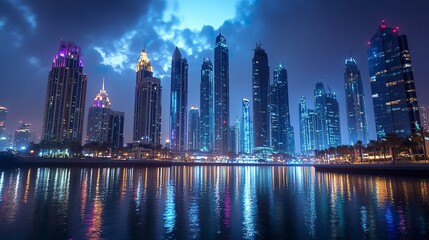 Fototapeta premium Modern office skyscrapers with glass facades reflecting sky sleek urban skyline vibrant lighting perfect city wallpaper background. 