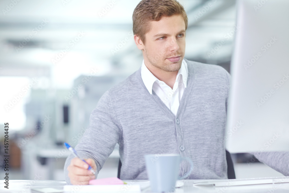 Poster computer, writing notes and business man on internet for research, information or reading email at s