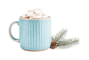 Festive blue mug with hot chocolate and marshmallows, cut out - stock png.