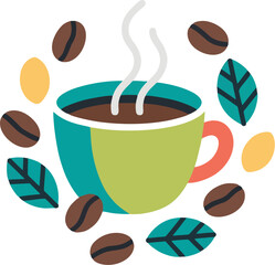 Colorful Flat Vector Illustration of Hot Coffee Cup with Coffee Beans and Leaves – Modern Beverage Icon for Cafe Design
