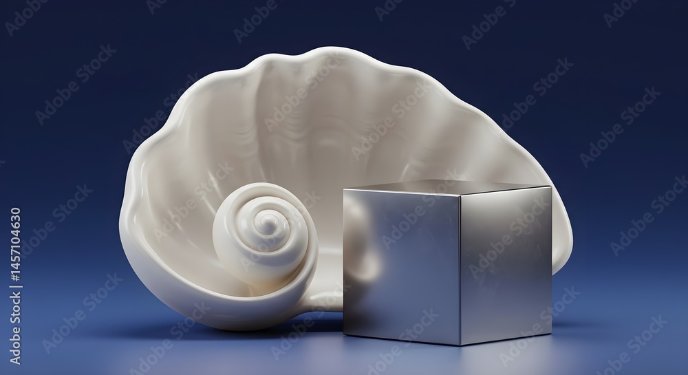 Poster abstract still life featuring a shell and metallic cube against a deep blue backdrop.
