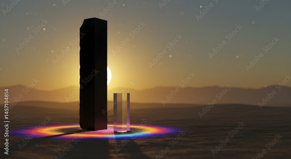 Poster sunset casts a rainbow glow on two mysterious monoliths in a desolate landscape.