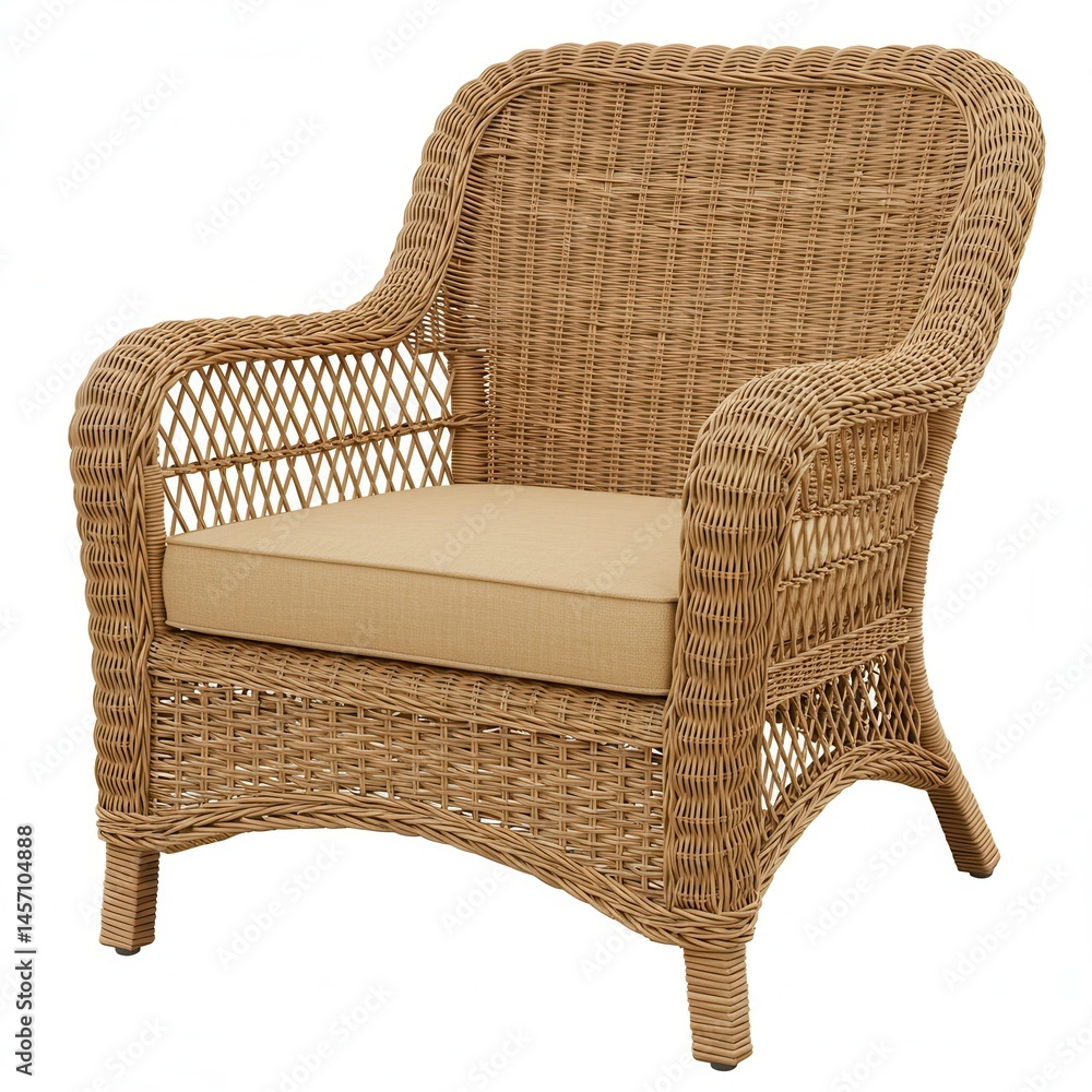 Aufkleber a wicker chair with a beige cushion sitting on a white background in a studio setting view front