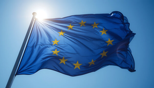 European Union Flag Waving Against Clear Blue Sky