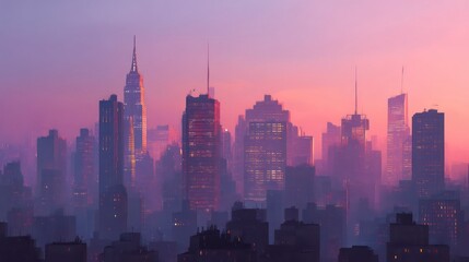 Fototapeta premium Futuristic City Skyline at Sunset – Abstract Urban Silhouette with Warm Haze