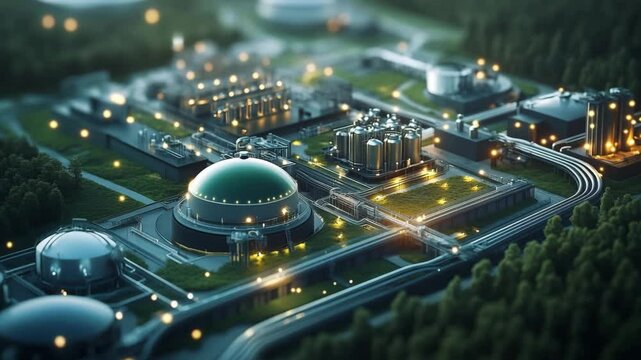 Nighttime aerial view of an advanced renewable energy facility featuring raw biogas balloons, processing tanks, and illuminated infrastructure surrounded by forest, clean energy production technology.