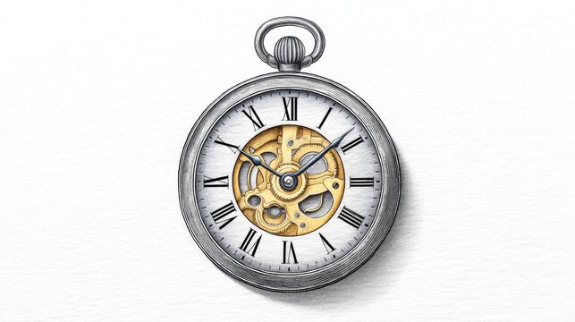 Watercolor Pocket Watch: Time's Inner Workings - An intricate watercolor painting of an antique pocket watch, symbolizing time, precision, mechanics, history, and artistry