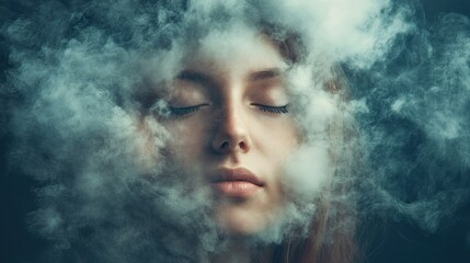 Woman with Head in Cloud â€“ Concept of Brain Fog and Memory Loss --