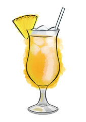 Yellow cocktail with pineapple hand drawn watercolor illustration png cut out