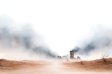 Obraz premium Watercolor Sandstorm Ruins - A watercolor painting depicting an abandoned town consumed by a sandstorm, symbolizing desolation, loss, time, nature's power, and resilience