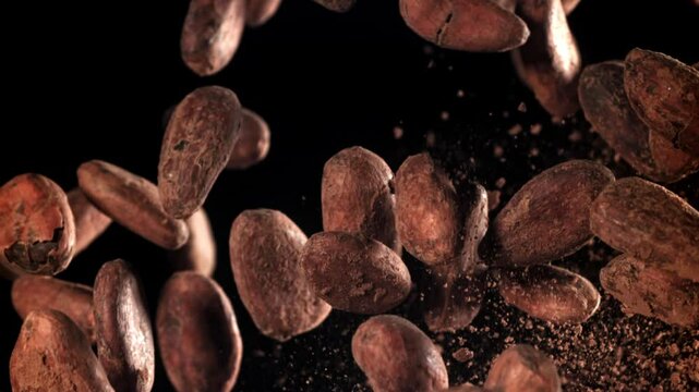 Cocoa beans fly up and fall down. Filmed on a high-speed camera at 1000 fps. High quality FullHD footage