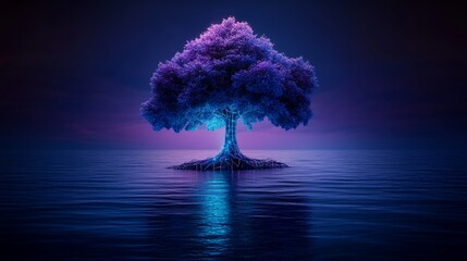 Mystical glowing tree on a tranquil ocean at twilight a surreal digital art image