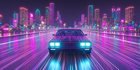 Retro Car speeding through a vibrant neon city at night Futuristic city lights and fast motion blur effect