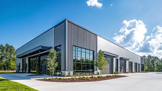 Modern warehouse exterior sleek metal facade with clean lines adjacent small office unit large driveway minimalist industrial design. 