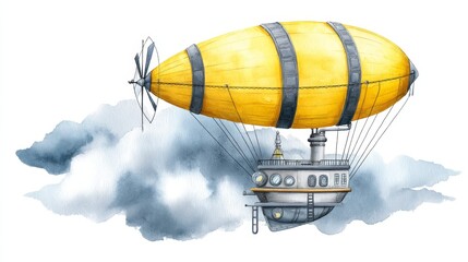 Obraz premium Watercolor Steampunk Airship Above Clouds - A whimsical watercolor painting of a steampunk airship soaring through fluffy clouds, symbolizing adventure, innovation, imagination, exploration
