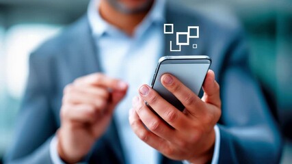 Business professional using smartphone with digital interface icons. Modern mobile technology in corporate environment. Connectivity and app interaction on touchscreen device. Accessing network data - Powered by Adobe