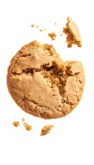 Naklejka premium A single brown baked chocolate chip cookie with a bite taken out and crumb pieces floating in mid-air isolated on a white and transparent background png