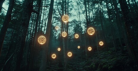 Enchanting Illuminated Globes Hanging in a Dark Mysterious Forest at Night