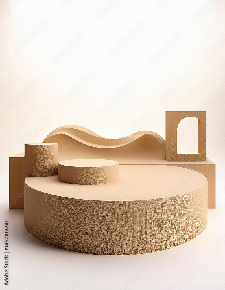 Poster abstract geometric beige platform with arch and wavy backdrop for product display.
