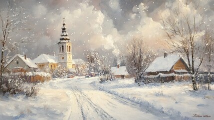 Winter City with Church in Snow â€“ Oil Landscape --