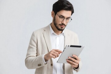 Professional Businessman Using Digital Tablet For Work On White Background