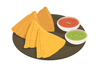 Crispy golden crust samosas with red and green chutneys on dark plate isolated on white background. Traditional tasty indian snack for menu or food packaging design. Flat vector illustration.