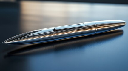 A detailed close up of a silver metallic pen resting on surface