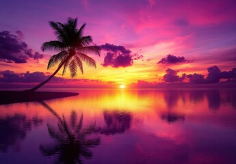 A stunning sunset over the tropical beach, with palm trees and crystal-clear waters