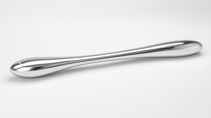 A polished metal elongated object resting on a white surface