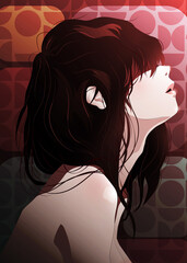 Japanese woman with dark hair looking upward