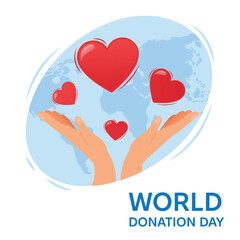 Charity and donation banner concept with cartoon volunteer hands supporting symbols of heart. World Donation Day Flat Vector illustration.