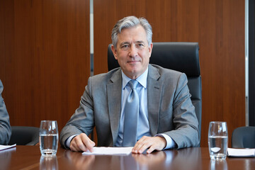 Experienced mature businessman in a grey suit and blue tie sitting at a conference table during a formal meeting, looking directly at the camera with a professional gaze
