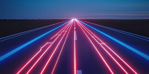 Futuristic Highway at Night Red and Blue Neon Lines Speed Light Trails