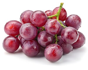 Fototapeta premium A cluster of fresh red grapes on a white background long title A vibrant cluster of plump juicy red grapes with green stems arranged on a clean